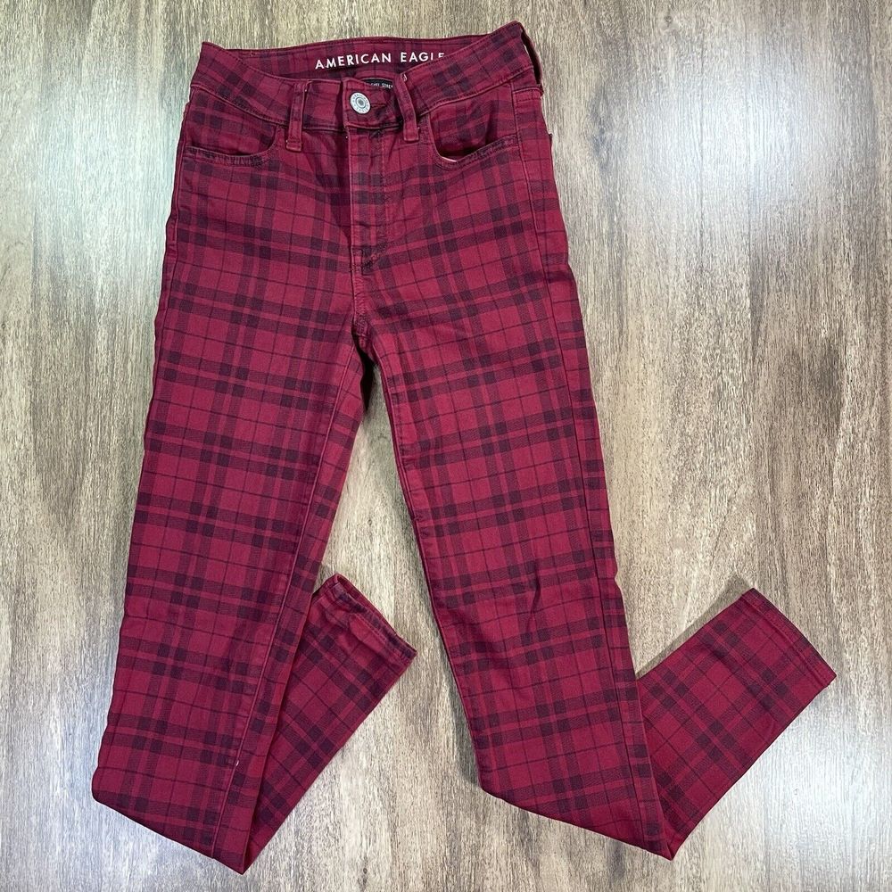 American Eagle Women's 0 Hi Rise Jegging Red Black Buffalo‎ Plaid Skinny Jeans